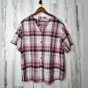 Carolina Colours Plus Women's Check Plaid Button Front Top Pink White Size 22W